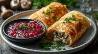Homemade mushroom and herb strudel served with cranberry sauce on rustic plate, garnished with fresh dill and parsley. Flaky golden pastry filled with savory mixture.