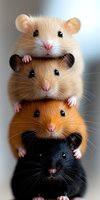 Adorable hamsters stacked in vertical tower formation showing different fur colors from cream to black, close-up portrait with focus on their cute faces and tiny paws.