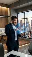 Middle-aged Caucasian male professional in dark business suit and light blue shirt holding transparent digital tablet displaying holographic cityscape in modern office with floor-to-ceiling windows overlooking urban skyline at dusk.