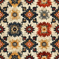 Geometric floral pattern in warm autumn colors with navy blue, rust red and golden orange stars on beige background. Seamless repeat design for fabric and decor.