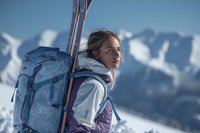 Young woman backcountry skier with backpack looking at mountain panorama during winter adventure in snowy alpine landscape.