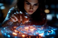 Young woman interacting with futuristic holographic interface technology displaying glowing digital data visualization in dark environment.