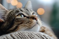 Adorable tabby cat with green eyes looking up peacefully while resting on cozy knitted blanket with warm bokeh lights creating magical atmosphere.
