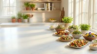 Healthy Mediterranean diet spread with fresh vegetables, nuts, and colorful dishes on wooden kitchen counter with natural lighting and modern shelving.