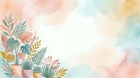 Watercolor potted plants and foliage arrangement on soft pastel background with copy space for home decor, botanical art, and interior design projects.