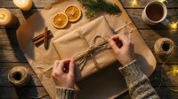 Hands wrapping kraft paper gift box with twine on wooden table surrounded by candles, dried orange slices, cinnamon sticks and evergreen branches for holiday present preparation.
