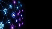 Digital network connections with glowing icons and lines on dark background for technology presentations and business communications.