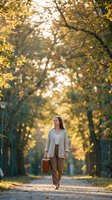 Young professional woman walking through autumn park with golden sunlight filtering through trees carrying vintage suitcase in warm fall atmosphere.