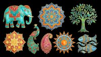 Colorful ethnic ornamental elements including decorated elephant, mandala flowers, tree, peacock, paisley, and fish on transparent background. Ready for t-shirt design, clipart, stickers, sublimation, and print-on-demand projects.