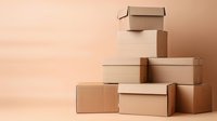 Stack of plain cardboard boxes arranged on beige background, minimalist composition with natural shadows for delivery, shipping and moving concept.