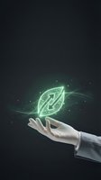 Hand of businessperson in suit holding glowing green leaf with neon light effect and particles, symbolizing sustainability, eco-friendly innovation and renewable energy for corporate concepts.