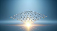 Molecular structure lattice with glowing light particles connected by geometric bonds on blue background, representing nanotechnology, science research, and innovation for educational and corporate use.