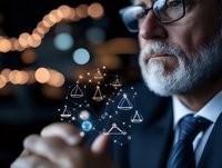 Senior Caucasian businessman with glasses and gray beard examining holographic scales of justice, digital law concept against dark background with bokeh lights.
