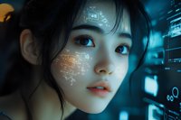 Young Asian woman with glowing digital patterns projected on face against futuristic blue background with data visualization elements and technology interface.