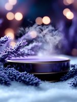 Mystical product display platform surrounded by fresh lavender sprigs and gentle smoke with dreamy bokeh lights in purple tones, creating magical atmosphere.