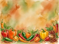 Watercolor illustration of fresh bell peppers and chili peppers in vibrant red, yellow, orange, and green tones arranged at bottom with warm textured background, suitable for culinary designs.