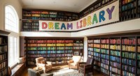 Cozy home library with floor-to-ceiling bookshelves, comfortable seating area and colorful Dream Library banner for reading enthusiasts.