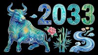 Decorative bull with ornamental patterns in blue and green tones, isolated on transparent background. Ready for t-shirt design, clipart, stickers, sublimation, and print-on-demand products. Includes matching numbers and floral elements for coordinated designs.