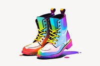 Colorful rainbow combat boots with yellow laces on white background, stylized artistic illustration featuring gradient colors and modern urban fashion design.
