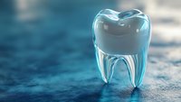 Transparent glass tooth model on blue textured background, representing dental care and oral health concept for medical education or dentistry.