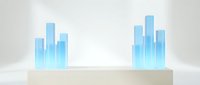 Pair of translucent blue glass skyscrapers on beige platform against white background, isolated for architectural visualization, real estate, and business design projects.