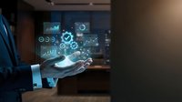 Businessman hand displaying holographic data analytics dashboard with charts, graphs and digital interface elements in modern office environment.
