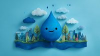 Smiling blue water drop character with city skyline and trees on blue background, representing water conservation and environmental protection.