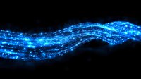 Glowing blue wave of digital particles and light streaks flowing on black background creates dynamic motion effect for technology concepts.