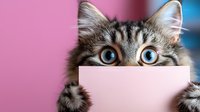 Curious cat peeking over pink paper card with bright blue eyes and striped fur, hiding lower face in playful manner against pink and blue background.