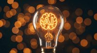 Glowing light bulb with brain filament against warm bokeh background symbolizing creativity, innovation, intelligence and bright ideas for business concepts.