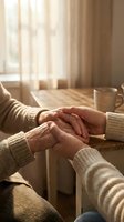 Caring hands holding together in warm sunlight creating intimate moment of support and connection between two people in cozy home setting.
