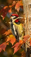 Red-headed woodpecker drilling tree trunk with wood chips flying amid vibrant autumn maple leaves in forest habitat during fall season.