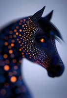 Mystical horse silhouette decorated with glowing orange and blue dots against dark background, creating magical constellation effect. Artistic fantasy portrait.
