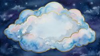 Watercolor fluffy cloud with golden outline on starry night sky background, soft blue and pink tones, dreamy celestial art for nursery decor.
