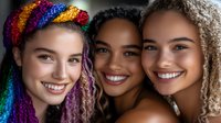 Three diverse young women with bright smiles and natural beauty posing together, showcasing friendship, inclusivity and joy. Mixed ethnic group expressing genuine happiness.