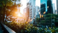 Financial market graph overlay on modern city skyline at sunset with green plants in foreground, depicting growth and sustainable investment concept.