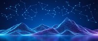 Digital wireframe mountain landscape with constellation network connections on blue gradient background for technology and data visualization concepts.
