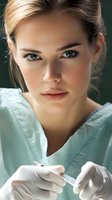 Young female medical professional in scrubs with protective gloves holding surgical instrument, close-up portrait showing determined expression and natural makeup.