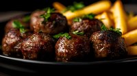 Juicy grilled meatballs with golden french fries garnished with fresh herbs on dark plate. Delicious comfort food meal for restaurant menu and cooking content.