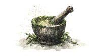 Stone mortar and pestle with scattered herbs and watercolor splashes, traditional medicine and culinary concept on white background, artistic botanical illustration.