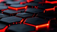 Dark hexagonal tiles with glowing red light between them create dramatic technological pattern, suitable for gaming or cyberpunk themed backgrounds.