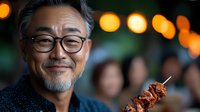 Mature Asian man with glasses enjoying grilled meat skewer at outdoor evening gathering with warm bokeh lights creating festive atmosphere.