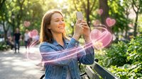 Happy young woman using smartphone with floating pink hearts in sunny park for social media dating app concept.