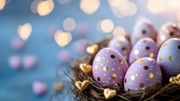 Pastel purple and blue Easter eggs decorated with gold polka dots nestled in natural nest with bokeh lights background, festive spring holiday celebration.