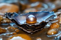 Luminous pink pearl nestled in dark oyster shell surrounded by amber stones and water droplets, creating luxurious jewelry-inspired macro composition.