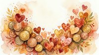 Watercolor arrangement of golden coins and colorful hearts with autumn floral elements, forming a warm decorative border on white background.