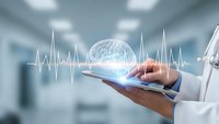 Doctor holding tablet with holographic brain and heartbeat line in modern medical facility for neurological healthcare technology applications.