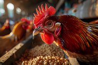 Close-up portrait of a rooster with vibrant red comb and wattles, brown feathers, standing near feed in a chicken coop with blurred background.