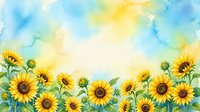 Watercolor sunflower border with bright yellow blooms and green leaves on soft blue sky background for greeting cards and summer designs.