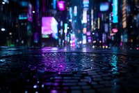 Rainy night cityscape with neon lights reflecting on wet cobblestone street, creating vibrant purple and blue bokeh effects in urban setting. Perfect for moody atmosphere.